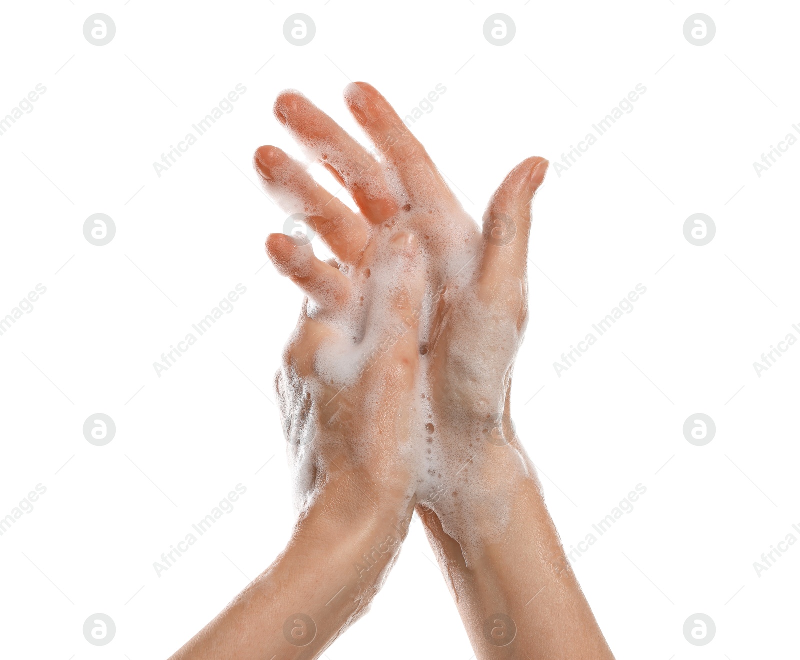 Photo of Woman washing hands with foaming soap on white background, closeup. Hygiene