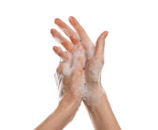 Photo of Woman washing hands with foaming soap on white background, closeup. Hygiene