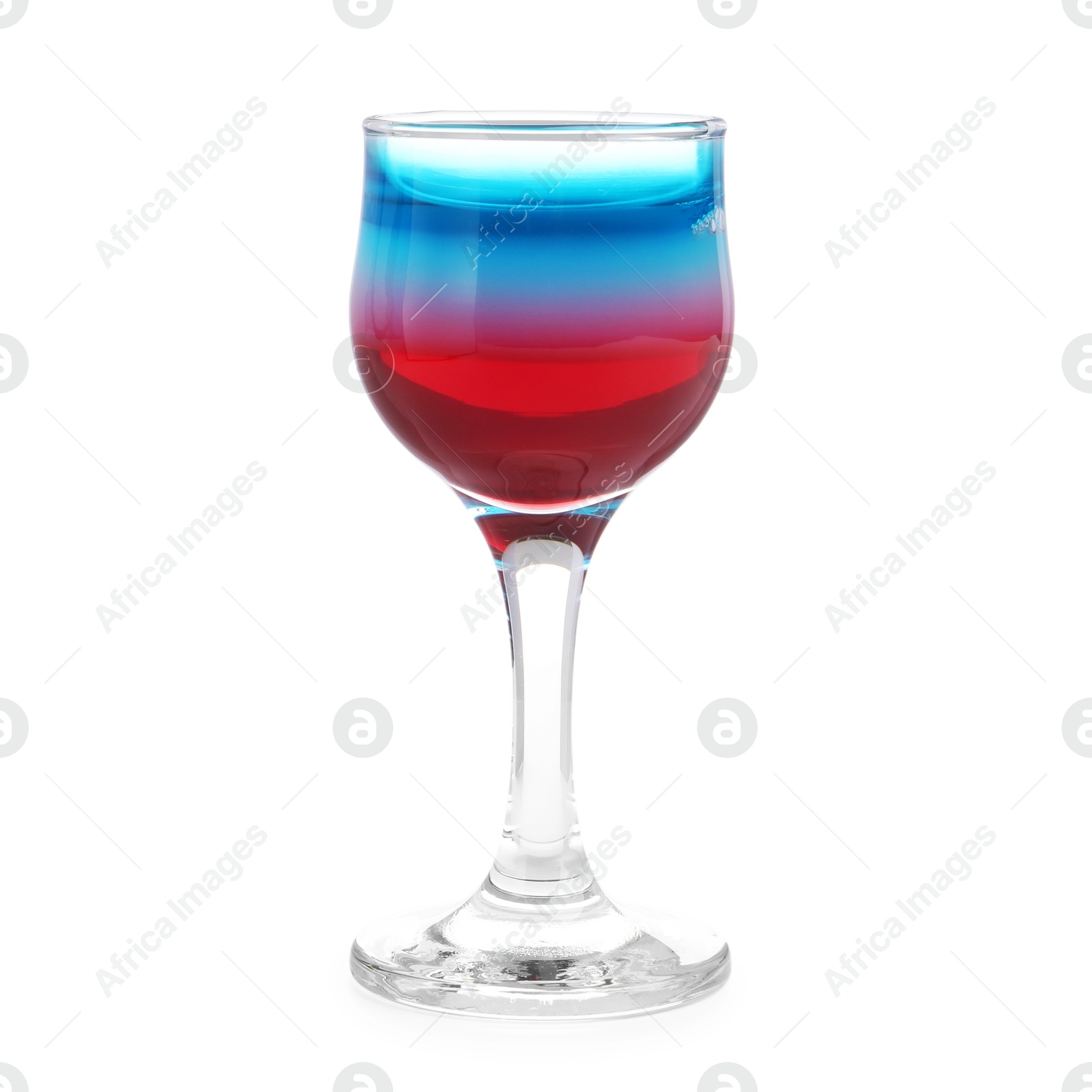 Layered cocktail in colors of American flag isolated on white Photo of Layered cocktail in colors of American flag isolated on white