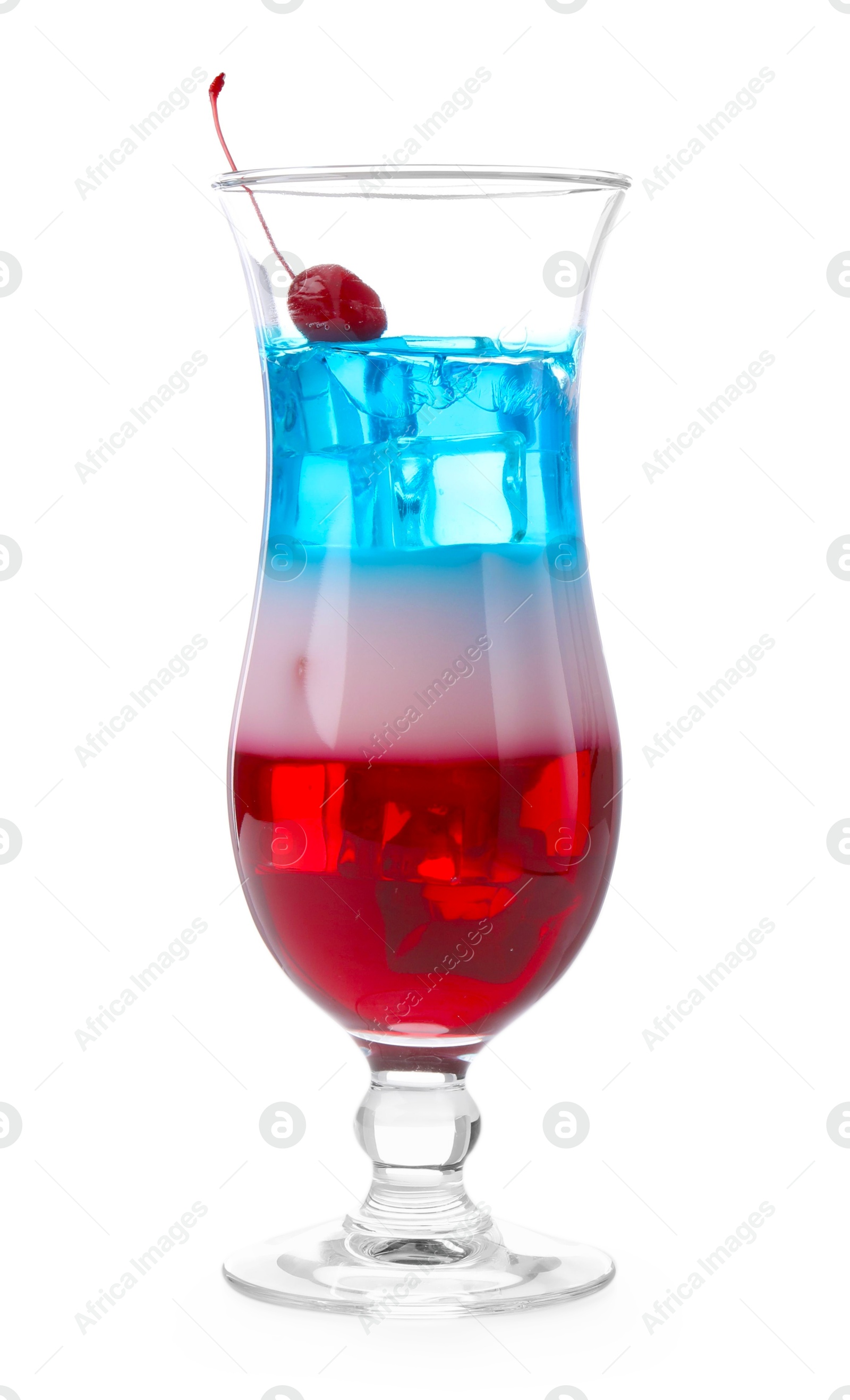 Layered cocktail in colors of American flag with ice and cherry isolated on white Photo of Layered cocktail in colors of American flag with ice and cherry isolated on white