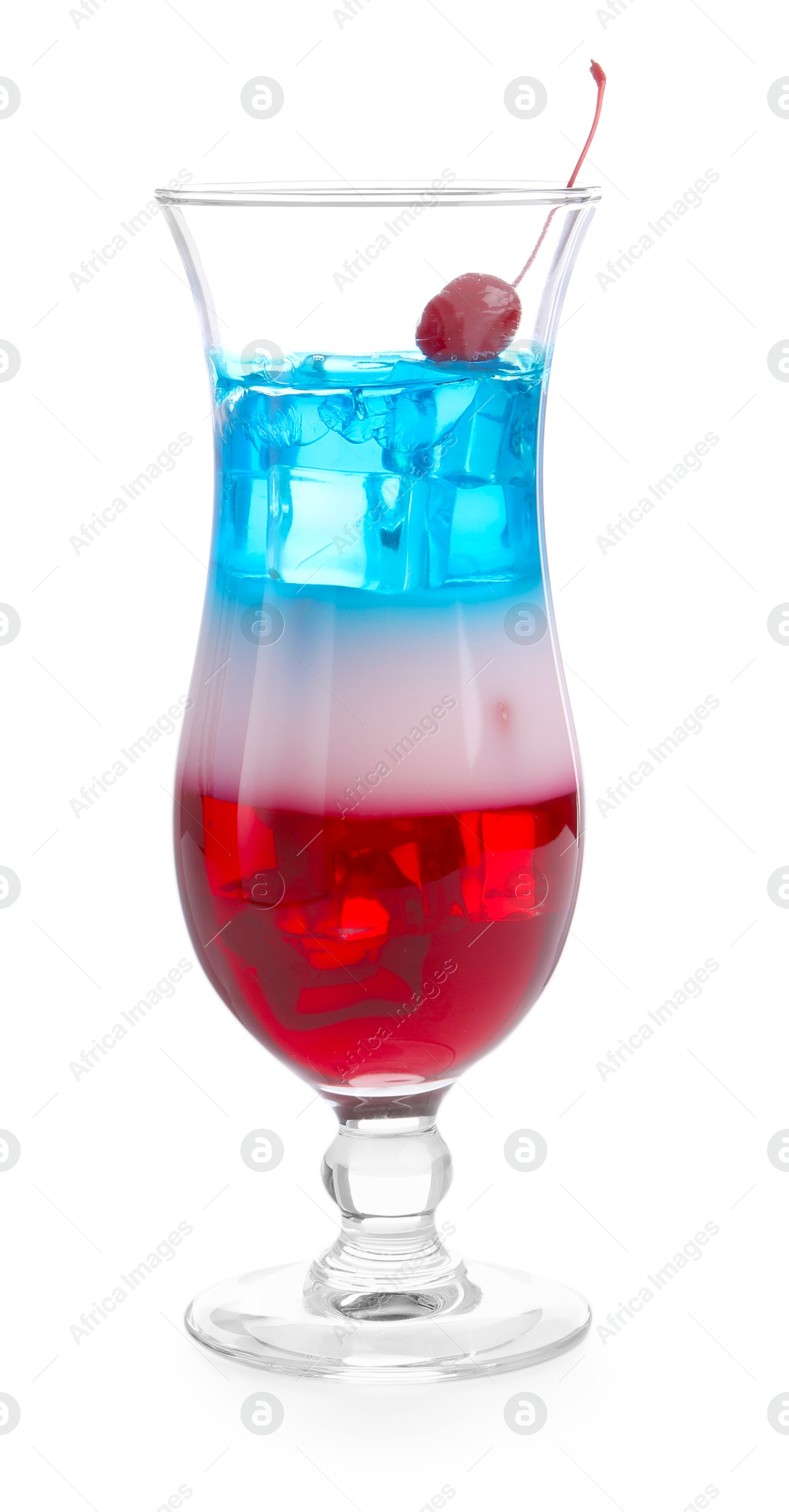 Layered cocktail in colors of American flag with ice and cherry isolated on white Photo of Layered cocktail in colors of American flag with ice and cherry isolated on white