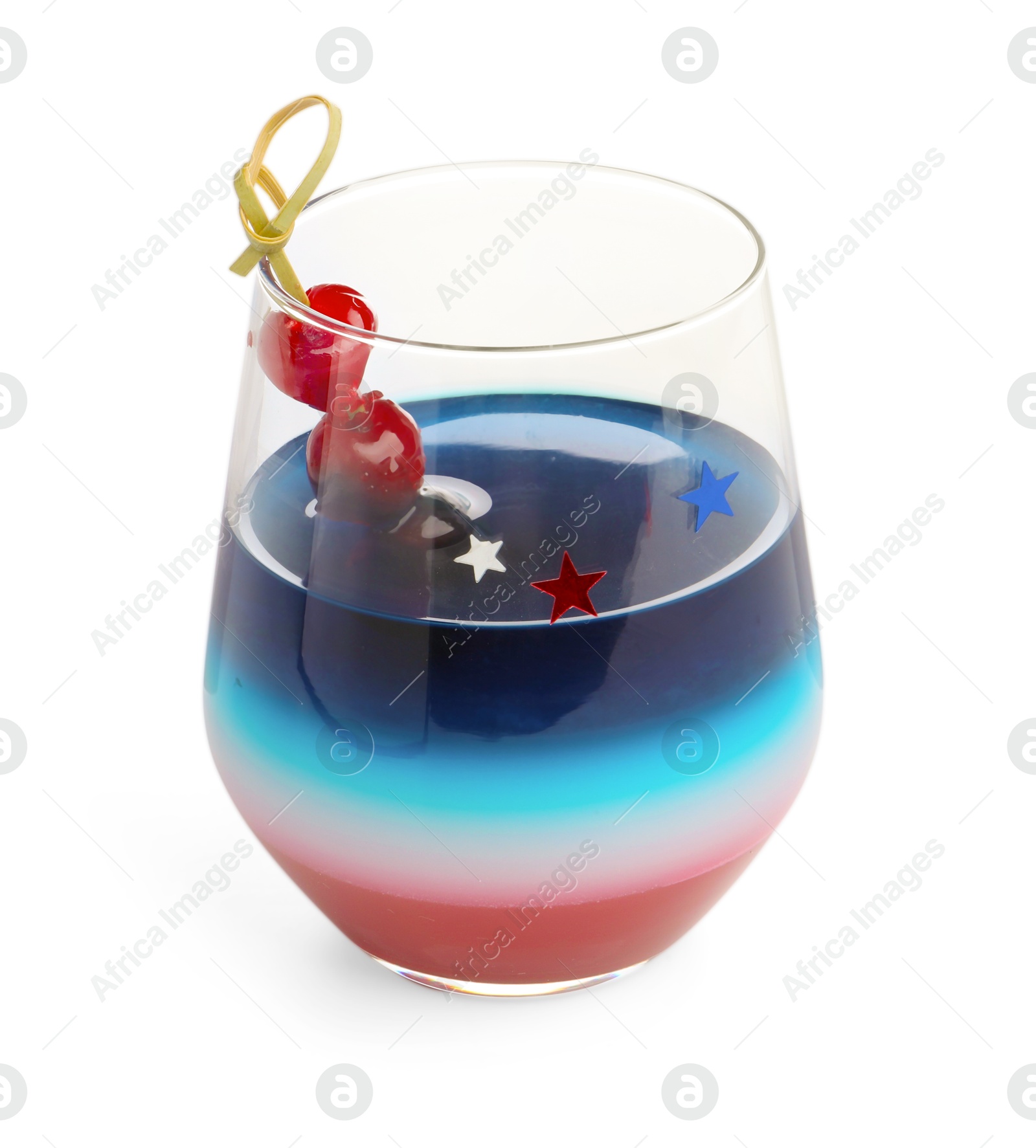 Layered cocktail in colors of American flag with ice and cherries isolated on white Photo of Layered cocktail in colors of American flag with ice and cherries isolated on white