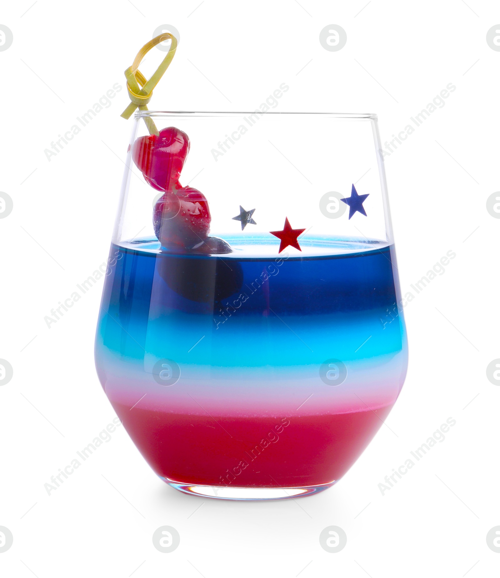 Layered cocktail in colors of American flag with ice and cherries isolated on white Photo of Layered cocktail in colors of American flag with ice and cherries isolated on white
