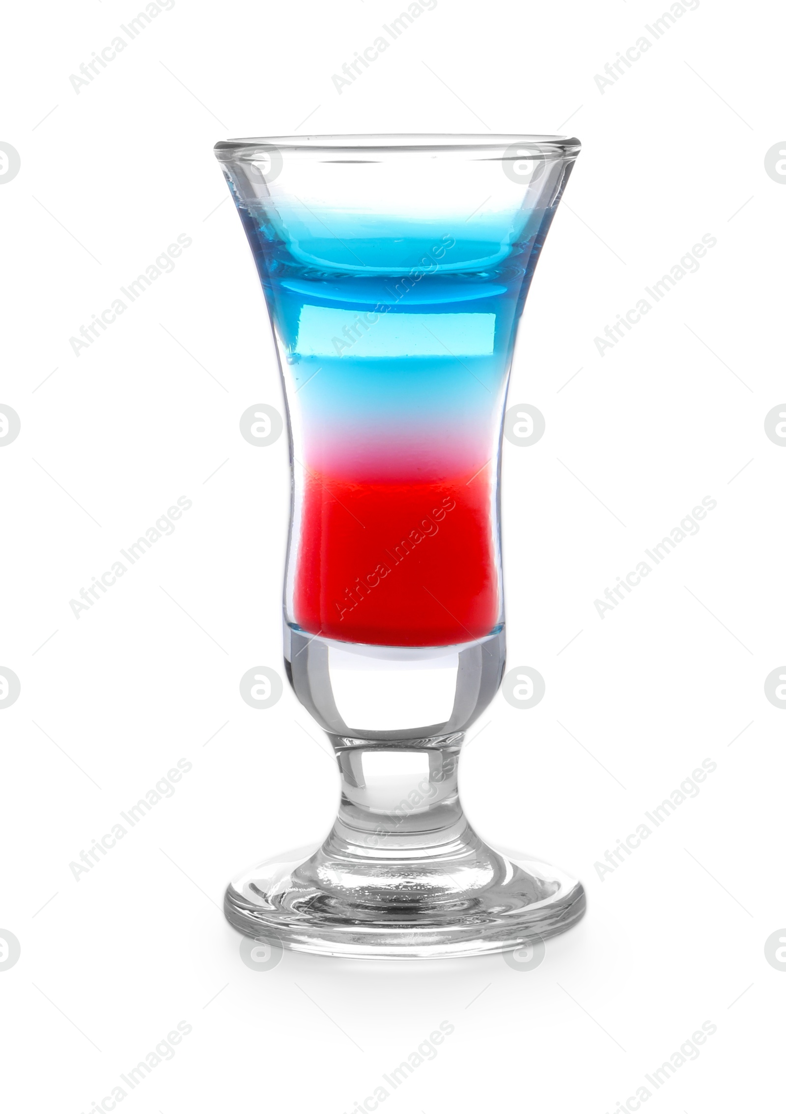 Layered cocktail in colors of American flag isolated on white Photo of Layered cocktail in colors of American flag isolated on white
