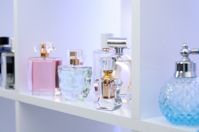 Photo of Different bottles of luxury perfume on shelf in store, closeup