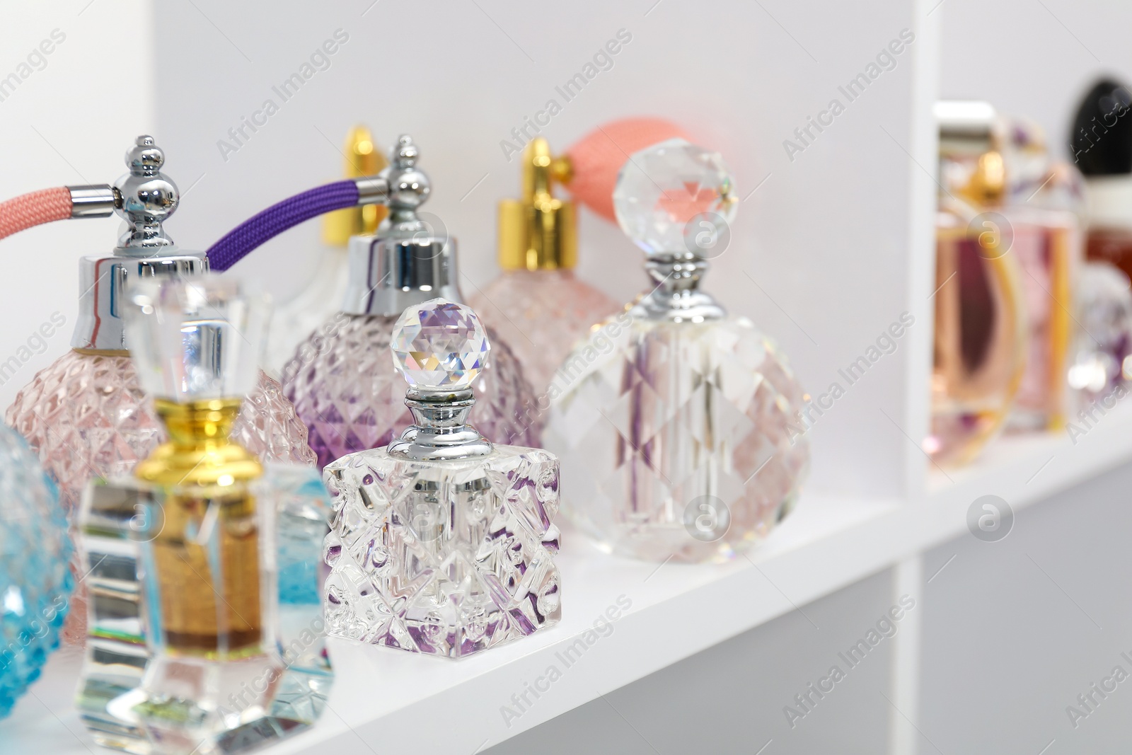 Photo of Different bottles of luxury perfume on shelf in store, closeup