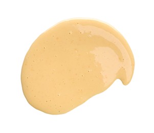 Photo of Tasty cheese sauce isolated on white, top view