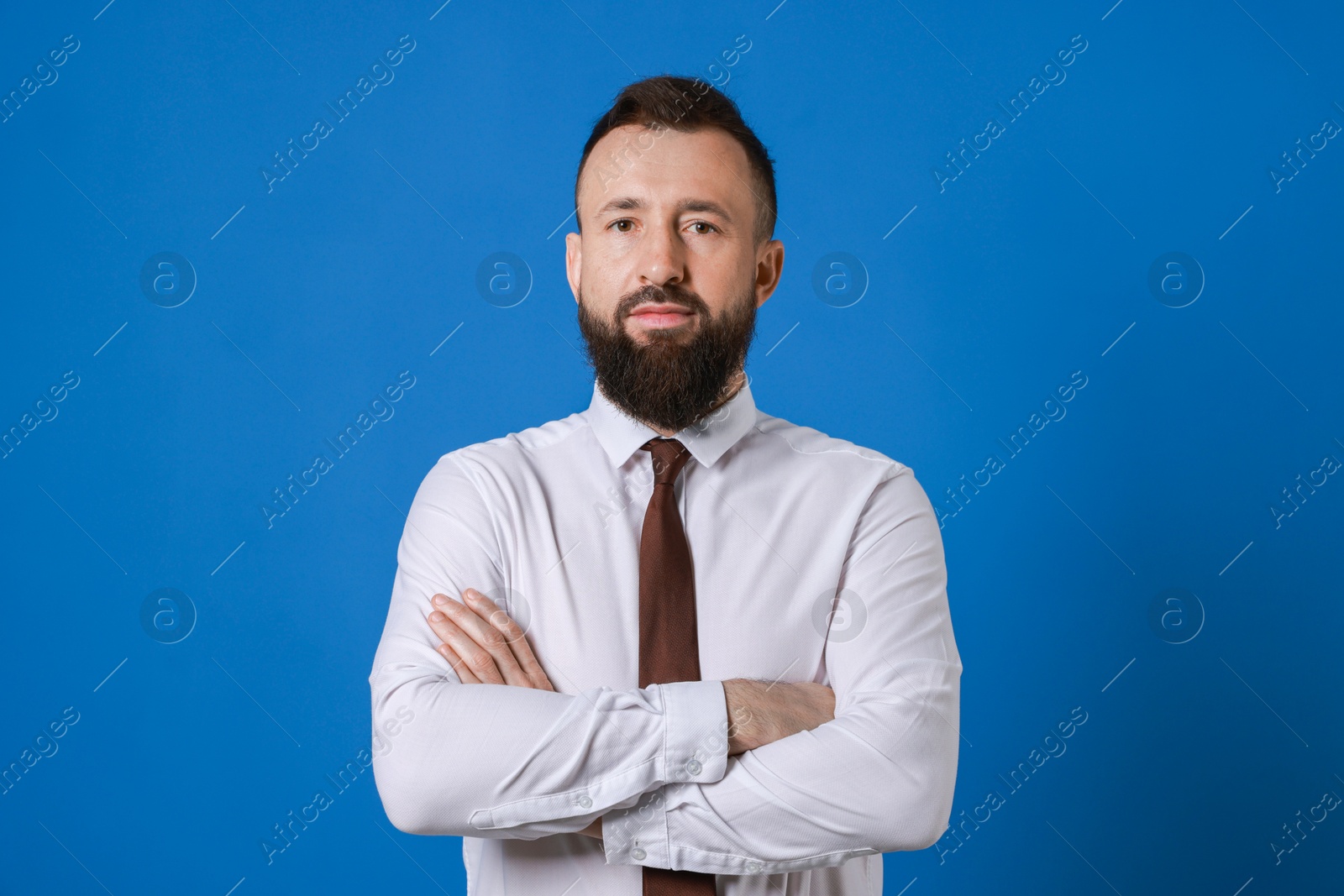 Photo of Handsome bearded man in formal outfit on blue background