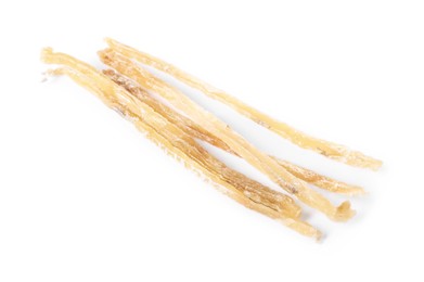 Photo of Dried shredded fish snack isolated on white, top view