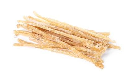 Photo of Dried shredded fish snack isolated on white, top view