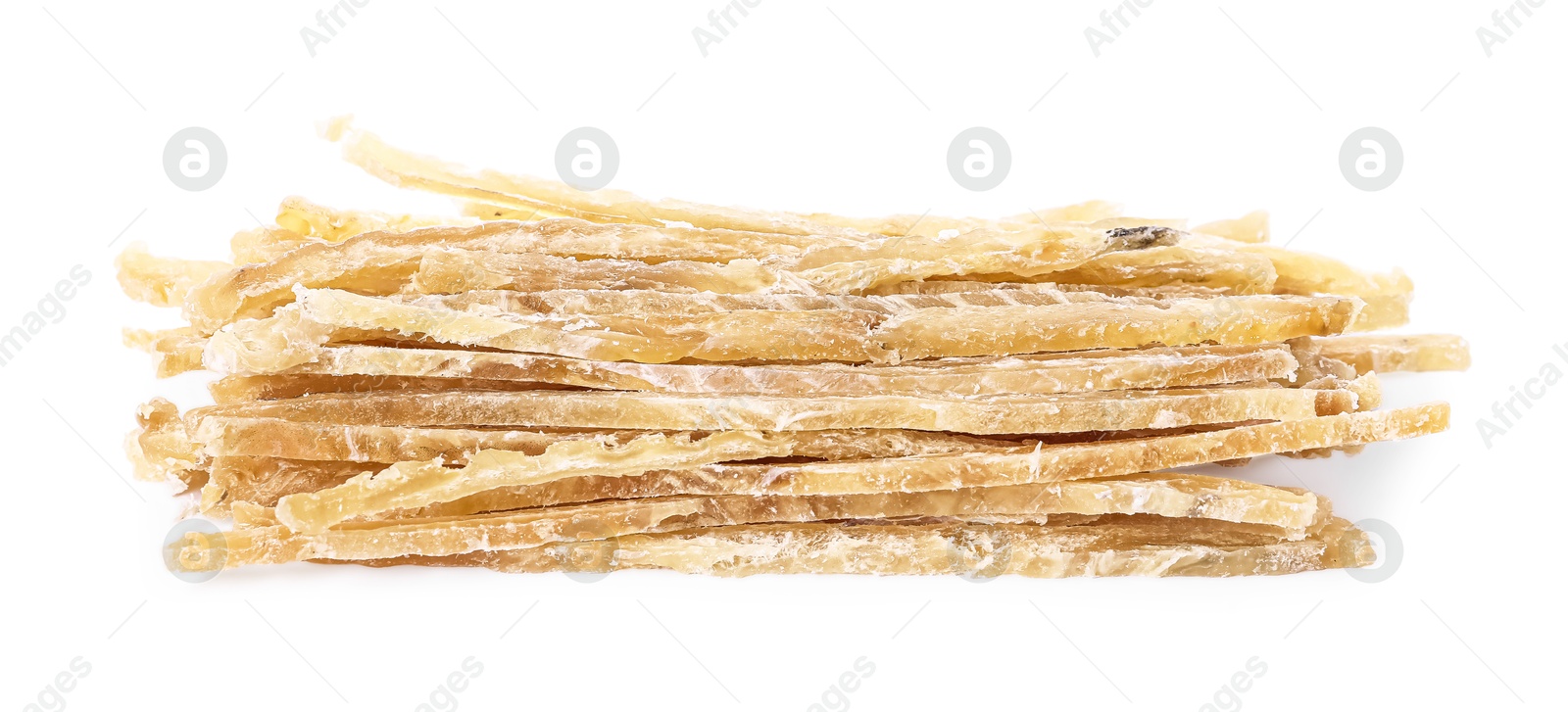 Photo of Dried shredded fish snack isolated on white