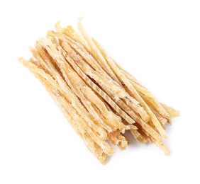 Photo of Dried shredded fish snack isolated on white, top view