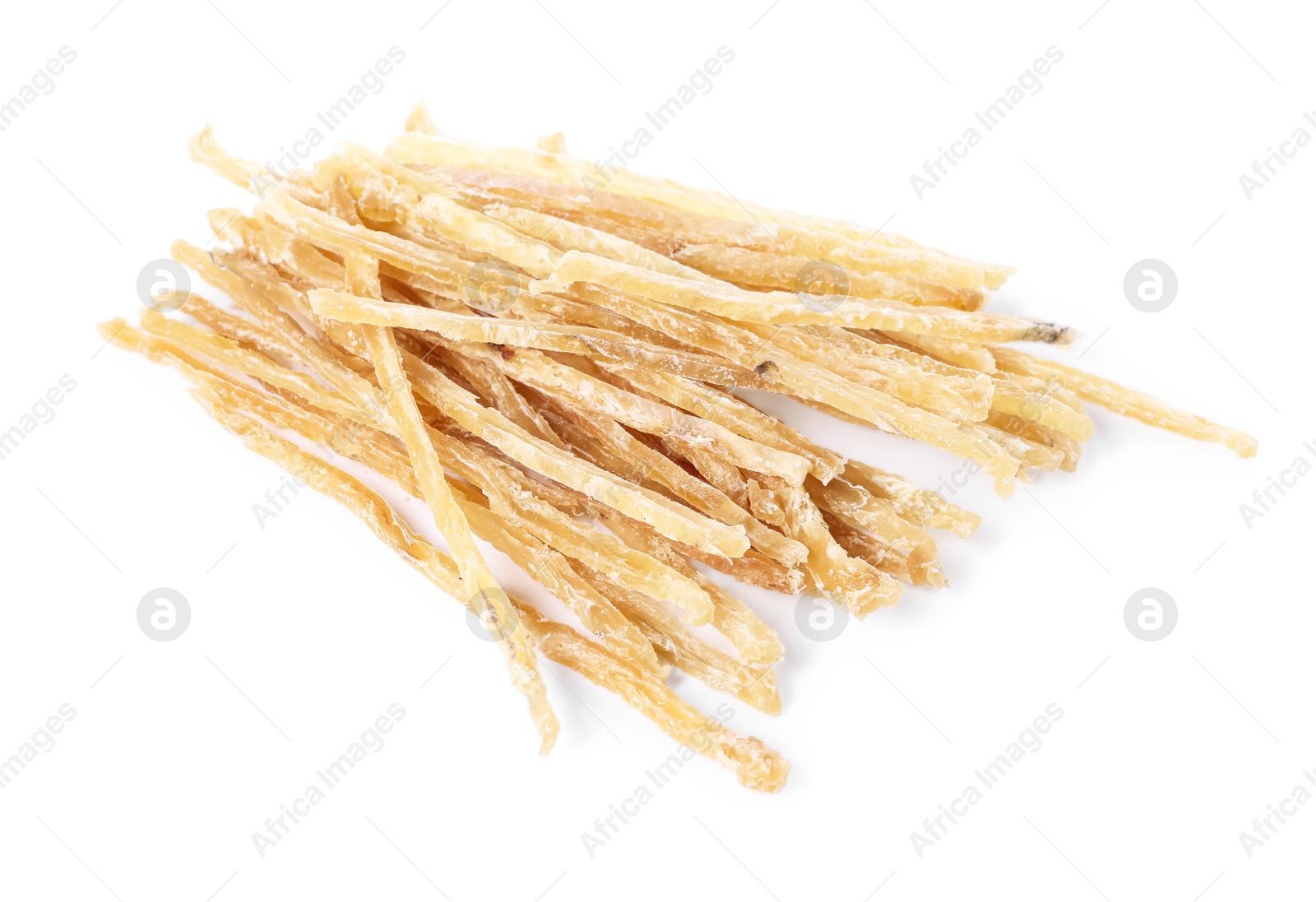 Photo of Dried shredded fish snack isolated on white