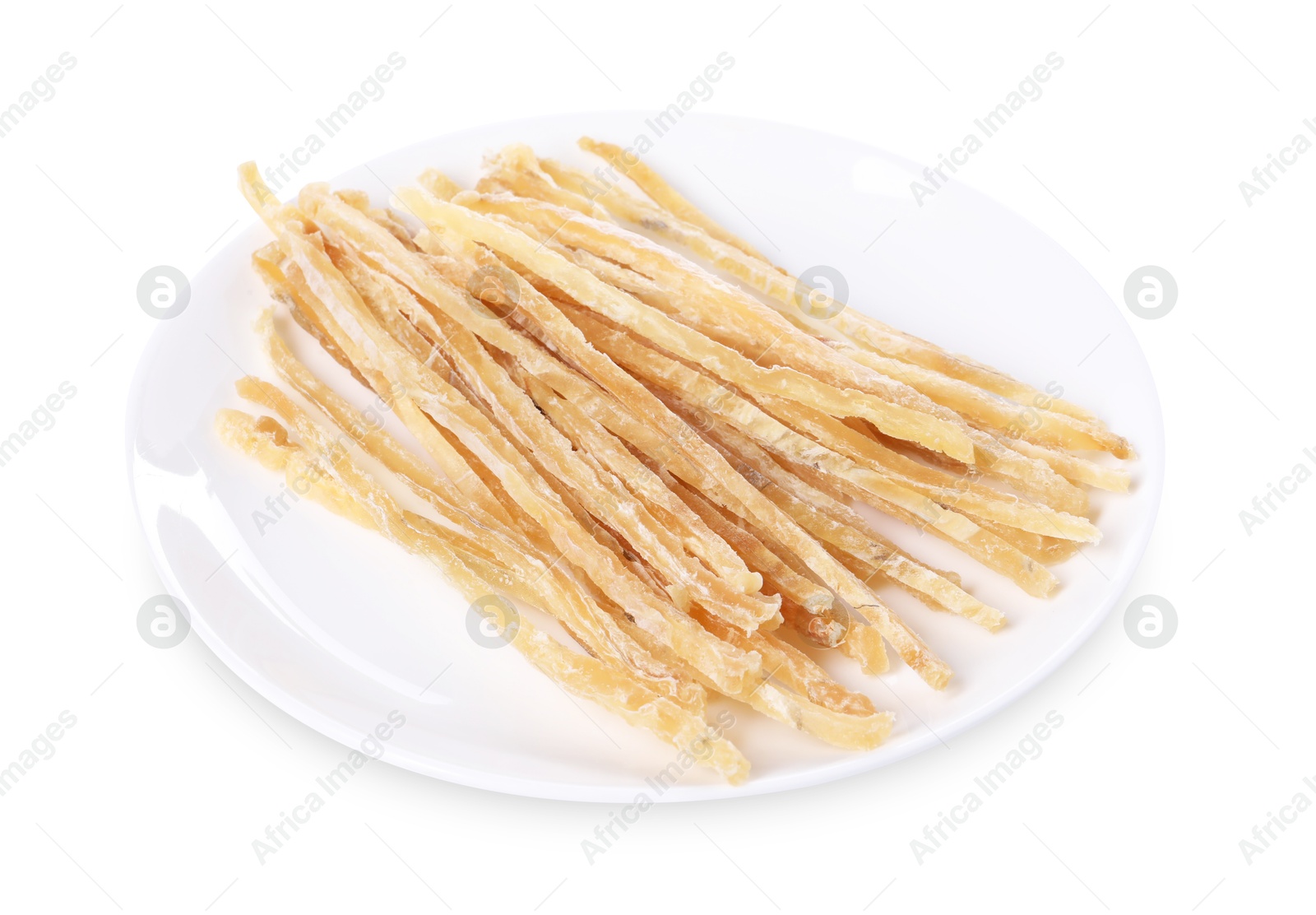 Photo of Dried shredded fish snack isolated on white