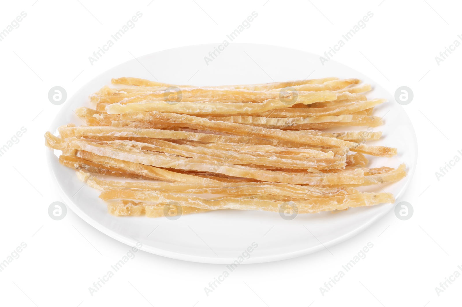 Photo of Dried shredded fish snack isolated on white