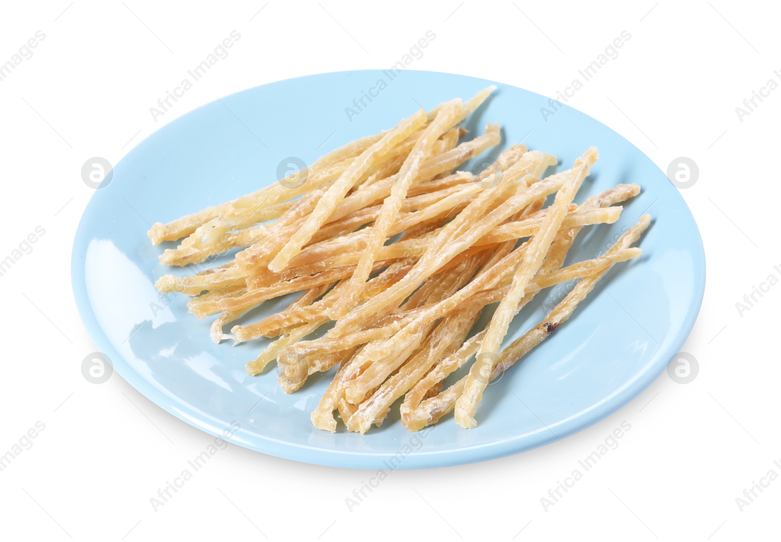 Photo of Dried shredded fish snack isolated on white