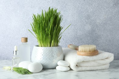 Photo of Spa composition with wheatgrass on white marble table