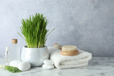 Photo of Spa composition with wheatgrass on white marble table. Space for text