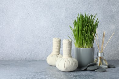 Photo of Spa composition with wheatgrass on grey table. Space for text