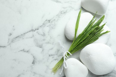 Photo of Spa stones and wheatgrass on white marble background, closeup. Space for text