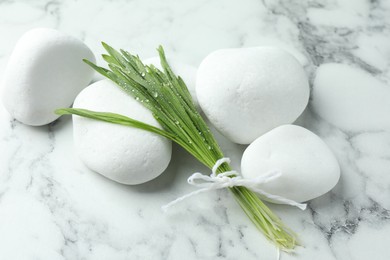 Photo of Spa stones and wheatgrass on white marble background, closeup