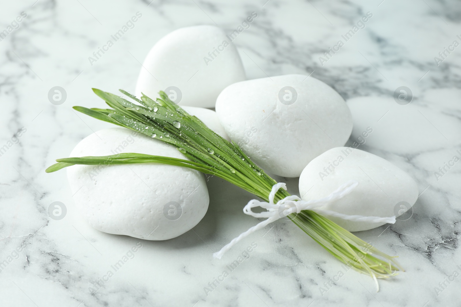 Photo of Spa stones and wheatgrass on white marble background, closeup