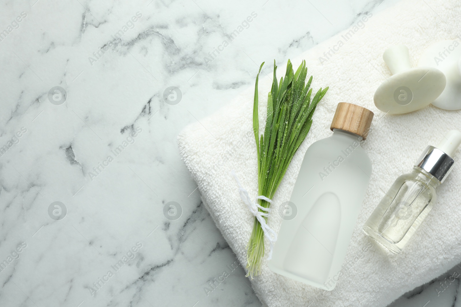 Photo of Spa composition with wheatgrass on white marble background, top view. Space for text