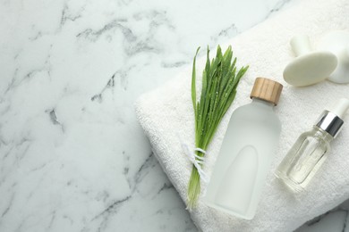 Spa composition with wheatgrass on white marble background, top view. Space for text