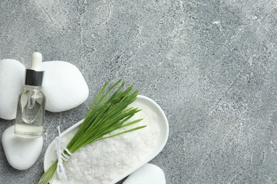 Photo of Spa composition with wheatgrass on grey background, flat lay. Space for text