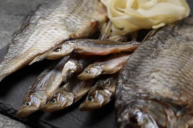 Many different dried fish snacks on grey table, closeup