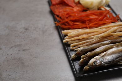 Photo of Many different dried fish snacks on grey table, closeup. Space for text