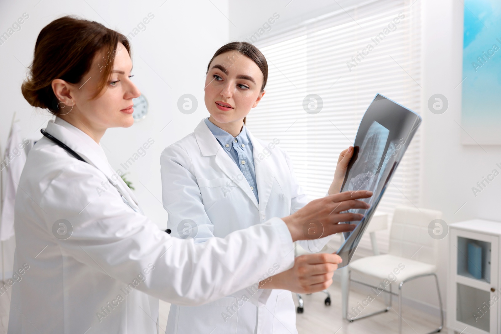 Photo of Doctors examining x-ray of lungs in hospital