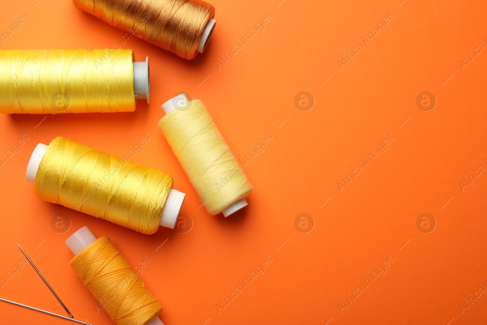 Photo of Spools of thread and needles on orange background, flat lay. Space for text