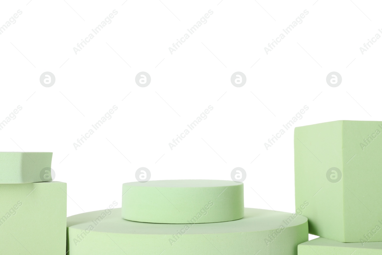 Photo of Different podiums on white background. Presentation of product