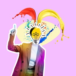 Image of Creative art collage. Woman with light bulb instead of head and paint splashes on pink background. Conceptual poster about idea and inspiration