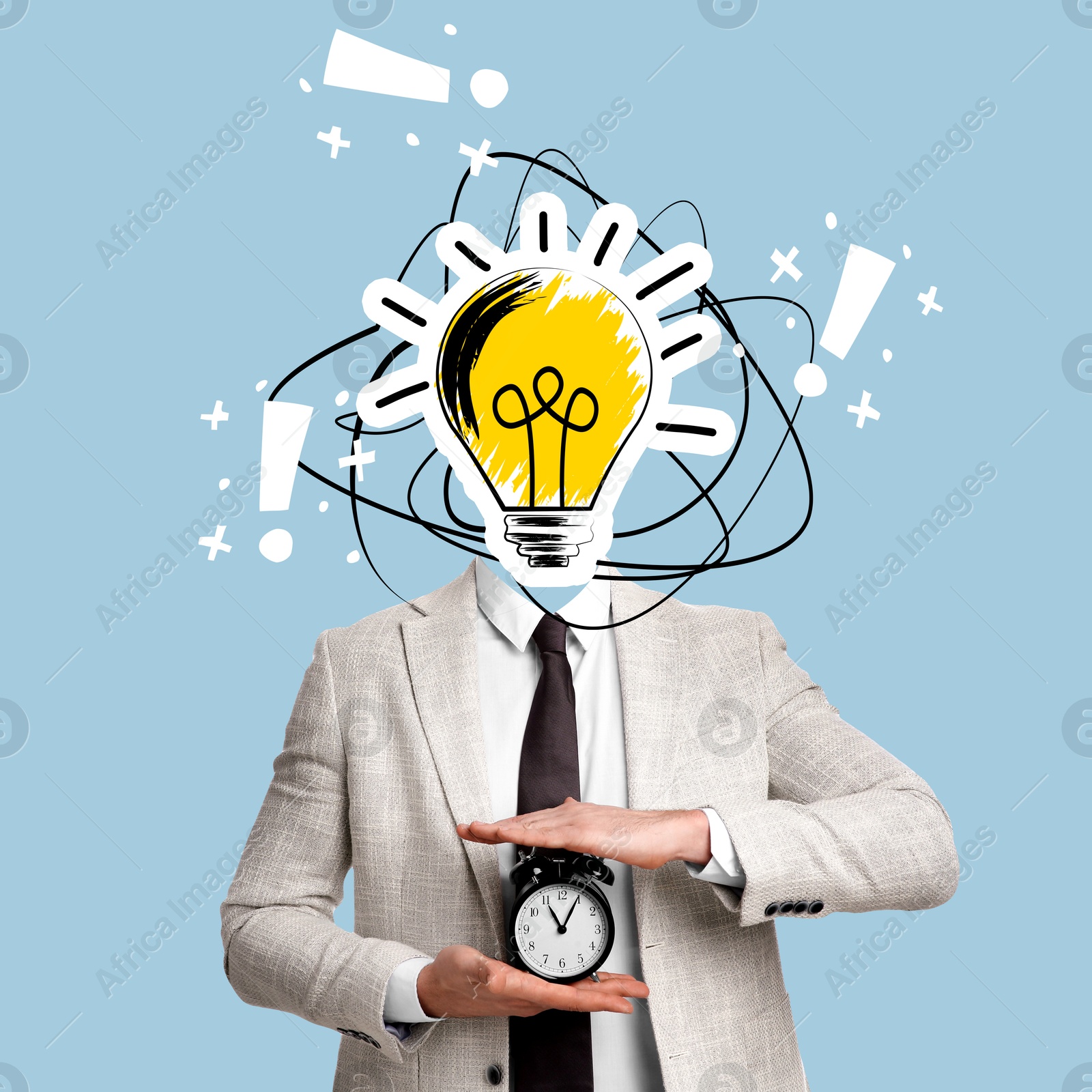 Image of Creative art collage. Man with light bulb instead of head and alarm clock in hands on light blue background. Idea and time management