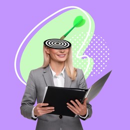 Image of Creative artwork. Woman with dart board instead of head and folder on color background. Business or startup idea