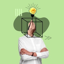 Image of Creative art collage. Woman with cube, hand and light bulb instead of her head on green background. Conceptual poster about idea and inspiration