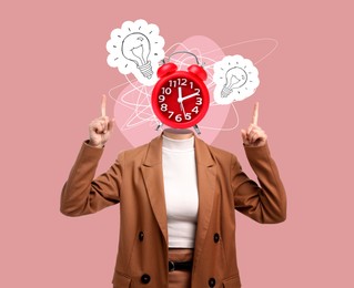 Image of Creative artwork. Woman with alarm clock instead of head pointing at light bulb images on pink background. Time management and idea concept