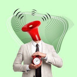 Image of Creative artwork. Man with red electronic megaphone instead of head and alarm clock in hands on green background. Time management and idea concept