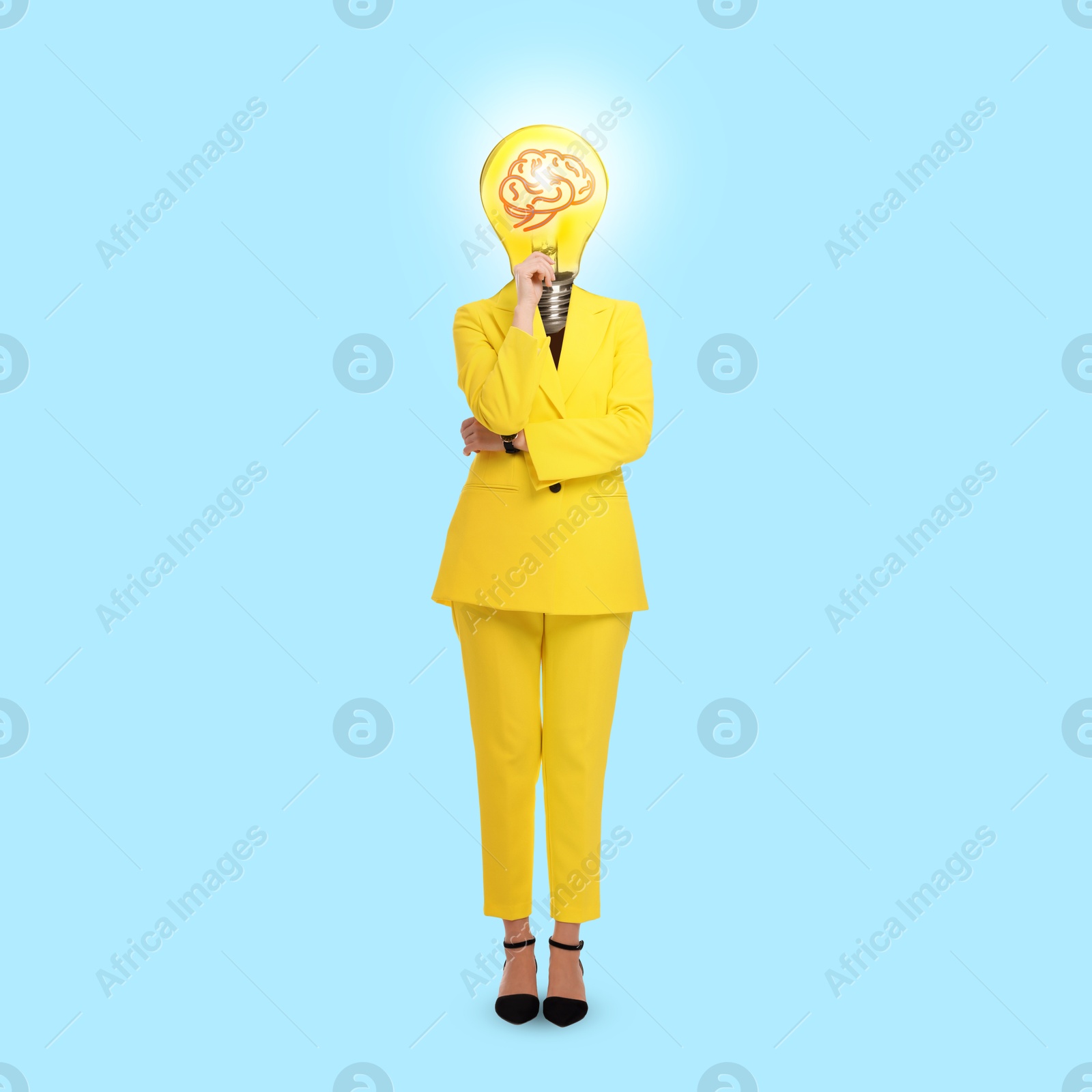 Image of Creative artwork. Woman with light bulb and brain image instead of head on light blue background. Conceptual poster about idea and inspiration