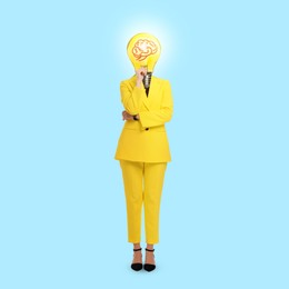 Image of Creative artwork. Woman with light bulb and brain image instead of head on light blue background. Conceptual poster about idea and inspiration