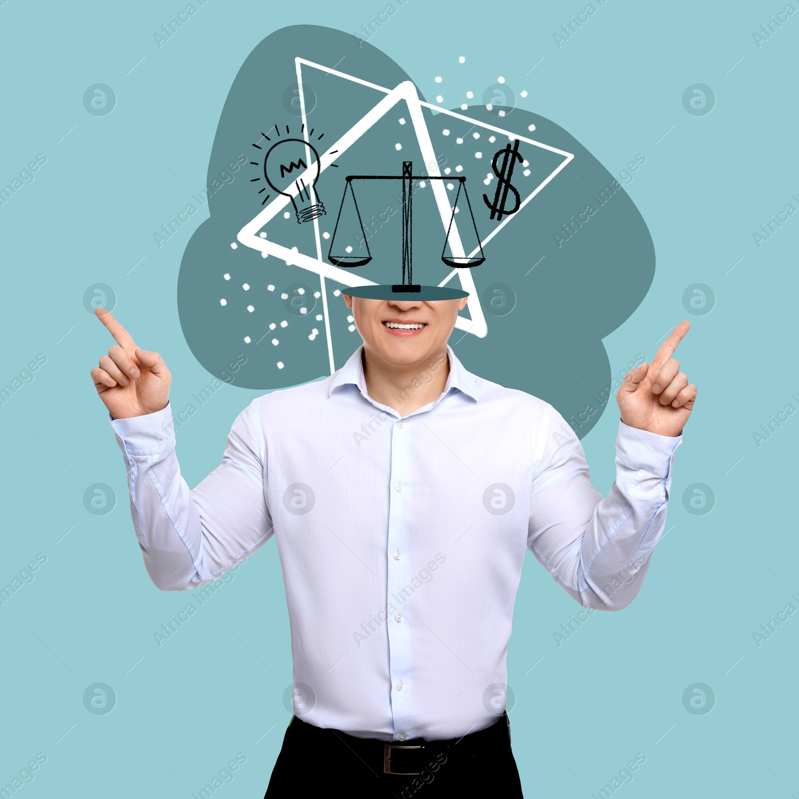 Image of Creative art collage. Man with different illustrations instead of head on light blue background. Business or startup idea