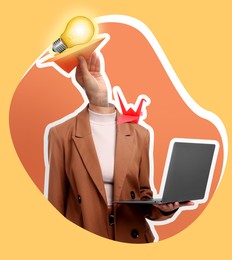 Image of Creative artwork. Woman with paper plane and light bulb instead of head holding laptop on color background. Business or startup idea