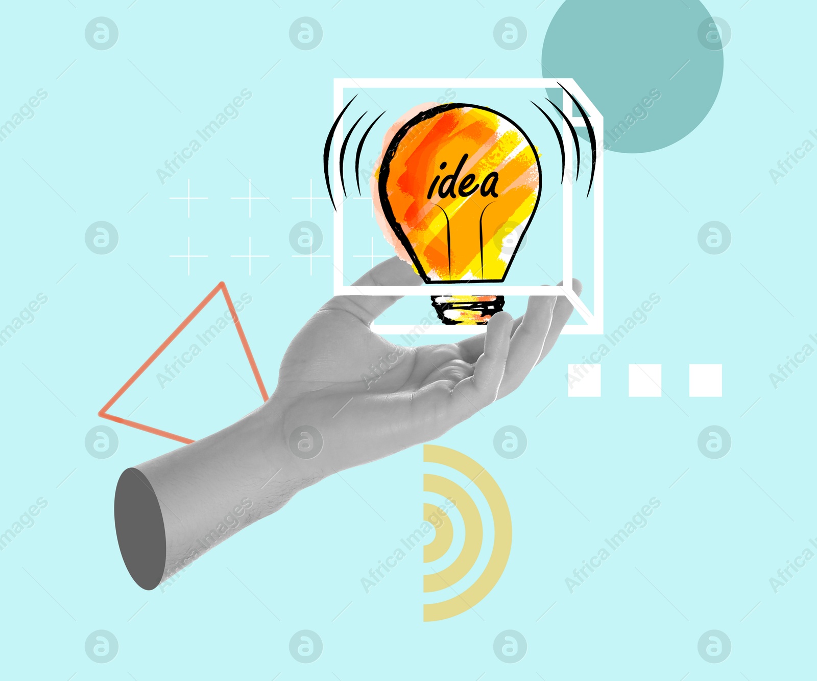 Image of Creative art collage. Female hand with light bulb on turquoise background. Conceptual poster about idea and inspiration