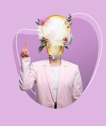 Image of Creative art collage. Woman with light bulb and flowers instead of head on pink background. Conceptual poster about idea and inspiration