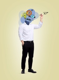 Image of Creative art collage. Man with business themed illustrations instead of head on beige background. Idea and development concept