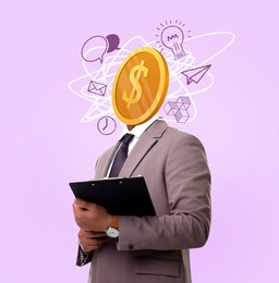 Image of Creative art collage. Man with coin instead of head surrounded by business themed illustrations on pink background. Idea, business plan and development concepts