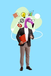 Image of Creative art collage. Man with flamingo head and business themed illustrations on light blue background. Idea and development concept