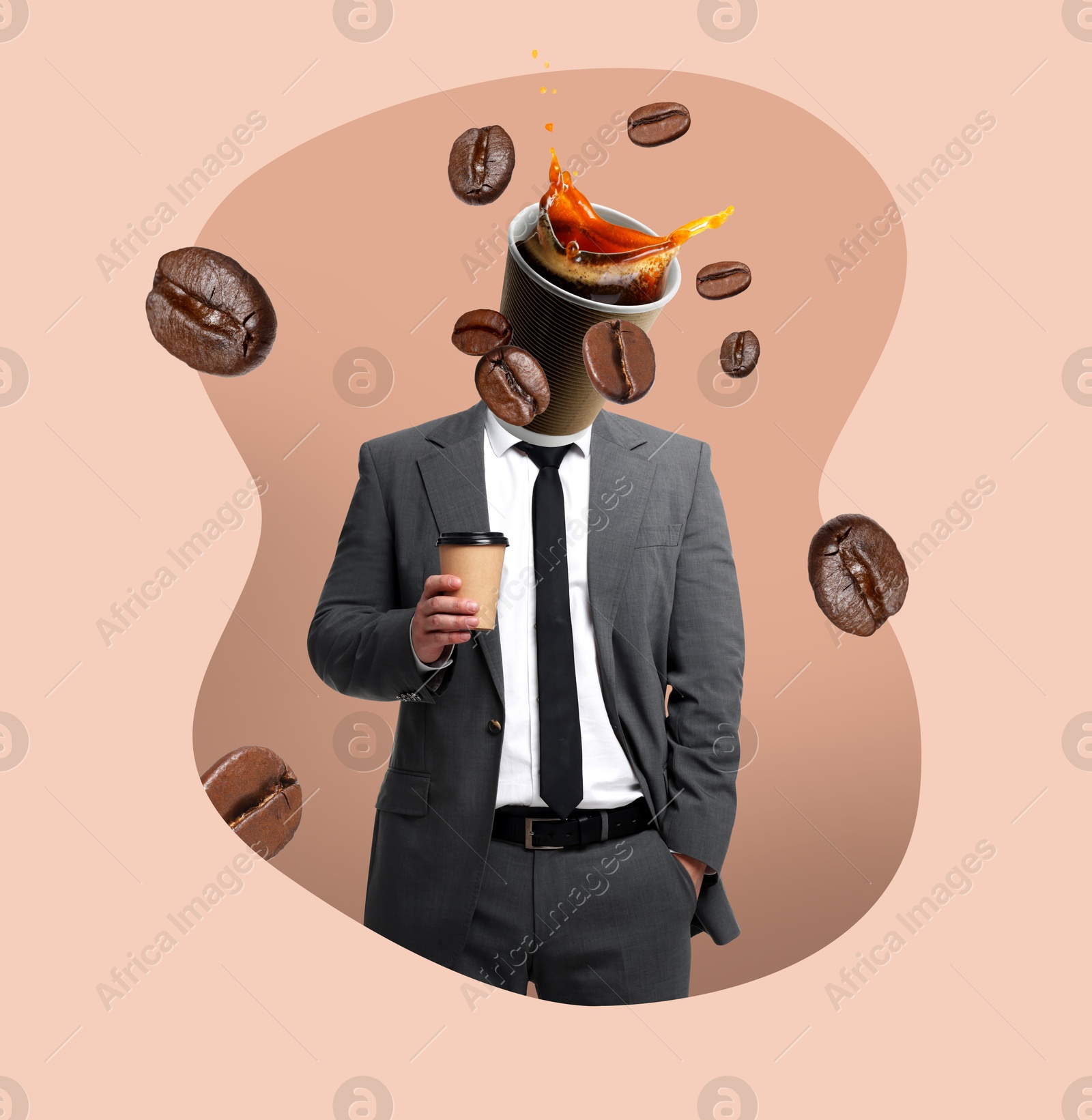 Image of Creative artwork. Man with paper cup of coffee instead of head and flying beans on beige background